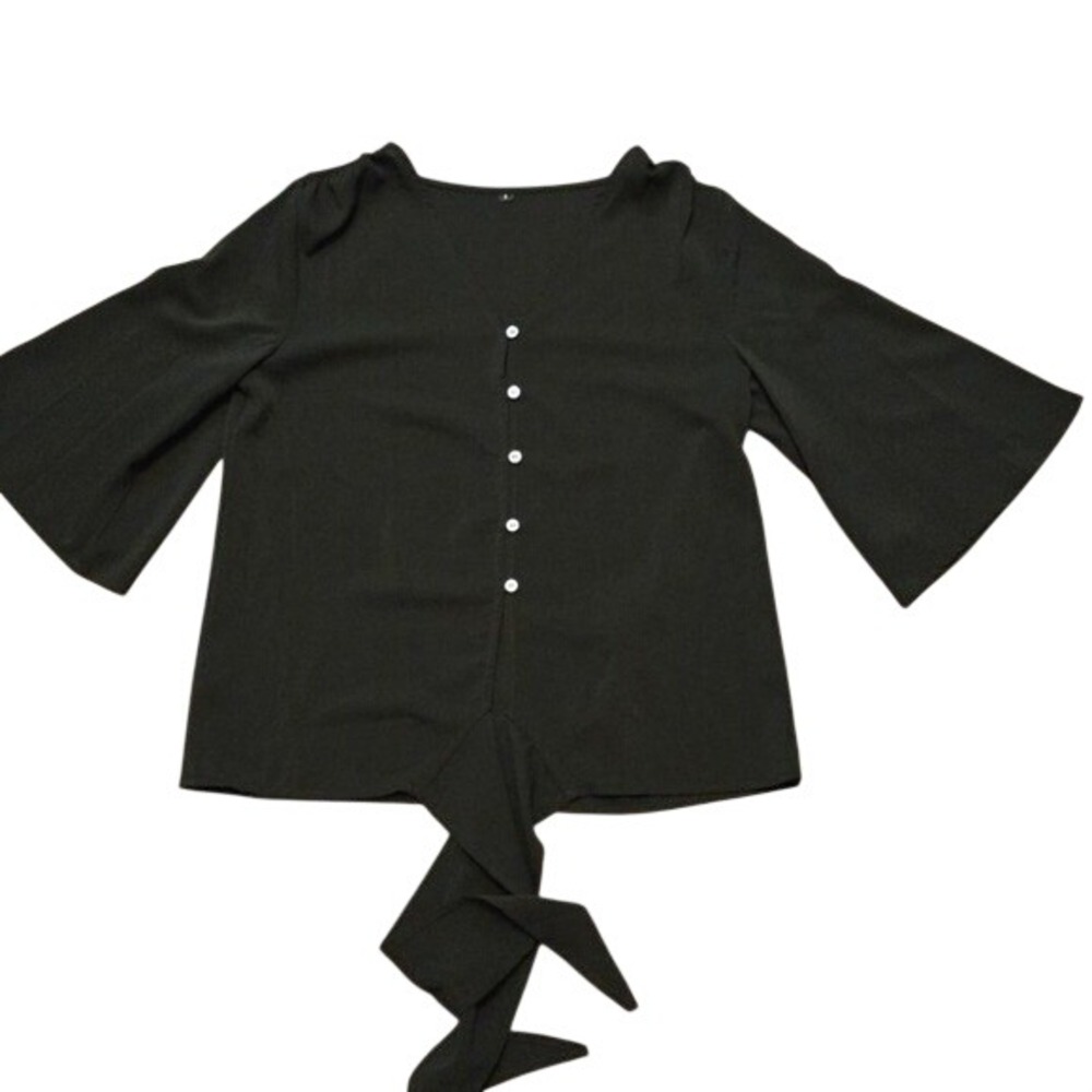 Black V-Neck Bell Sleeve Button Up Tie Front Blouse Small